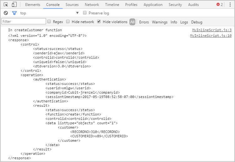 XML response indicating success