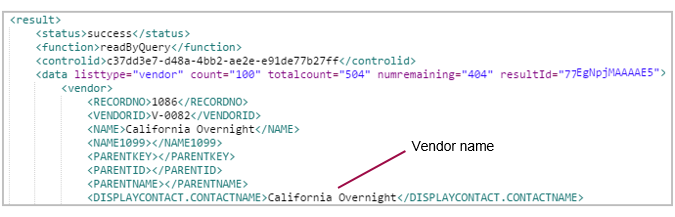 XML response showing vendors found