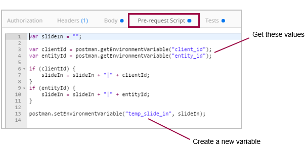 Postman pre-request-script tab showing temp_slide_in